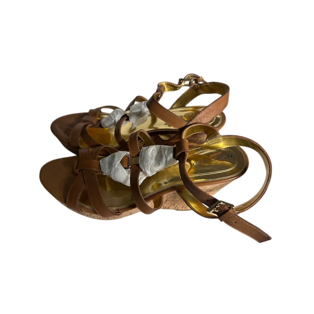 Marc Fisher Brown Leather Strappy Cork Wedge Sandals Summer Casual Comfort Shoes